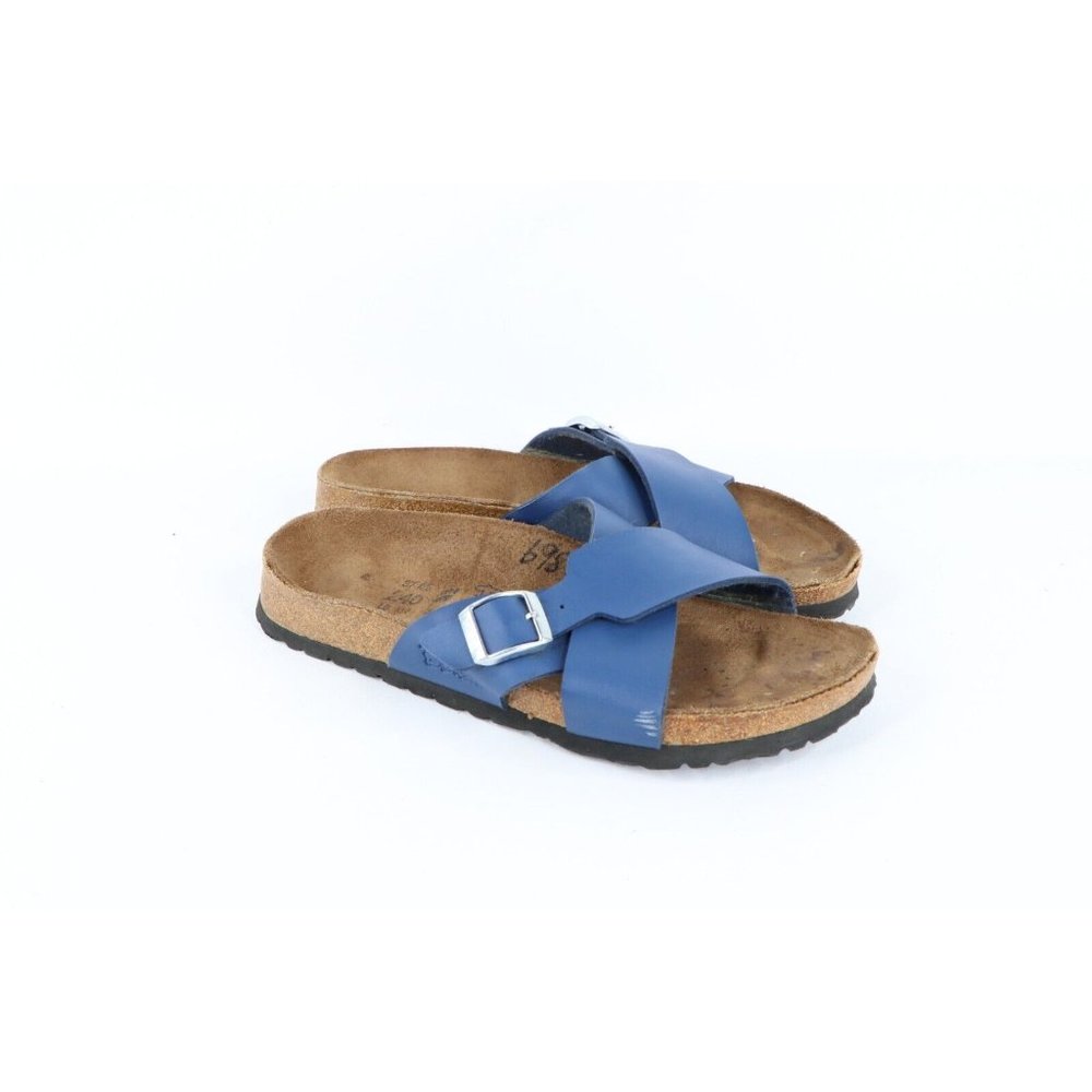 Vintage Birkis Birkenstock Womens 6 Distressed Leather Cross Strap Sandals Blue - Picture 4 of 10